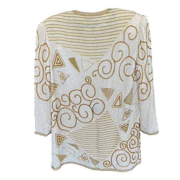 Rare Vintage Judith Ann Beaded Duster Jacket Ivory Gold Open Front Coat Size Med - Picture 11 of 11